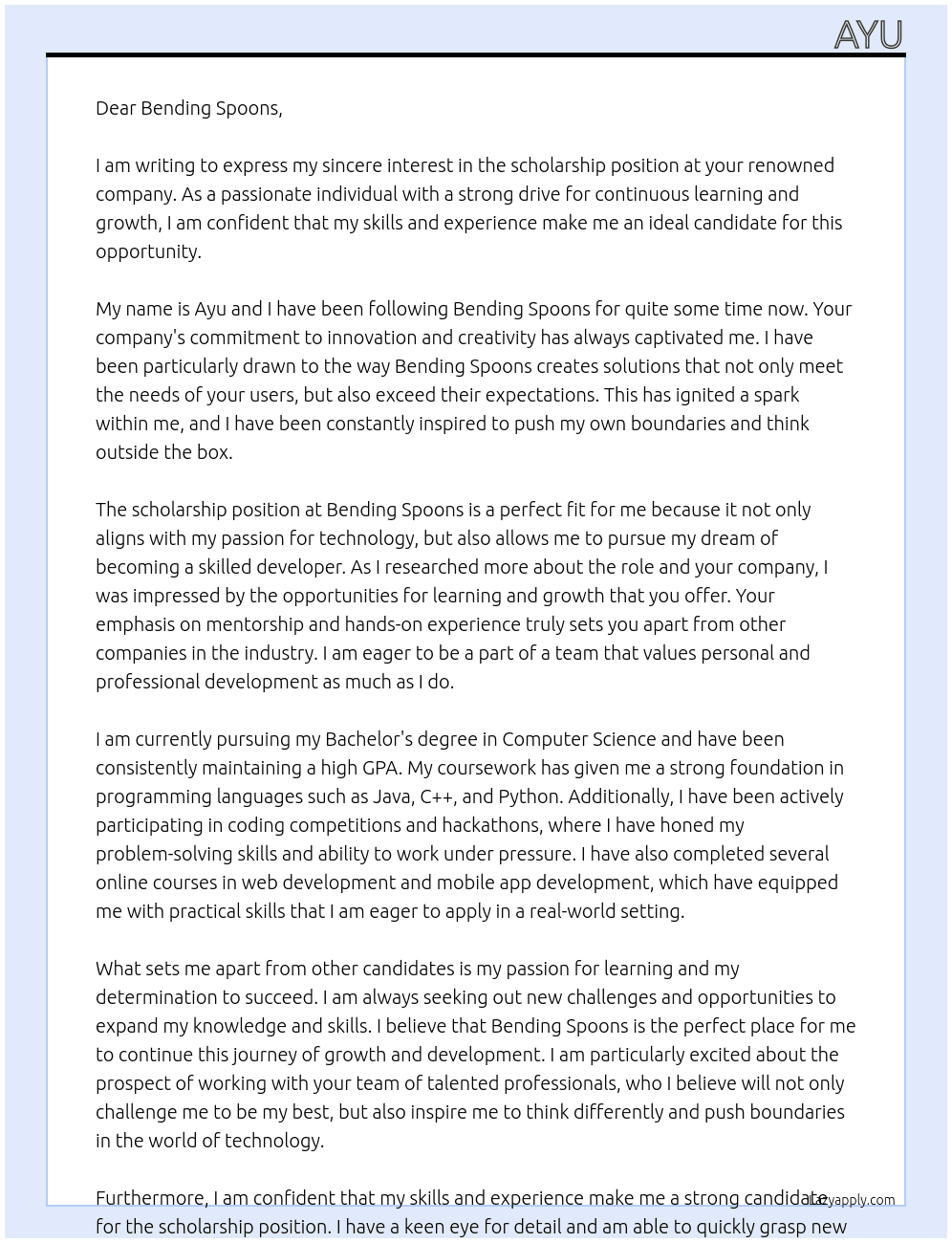 scholarship At Bending sppons Cover Letter