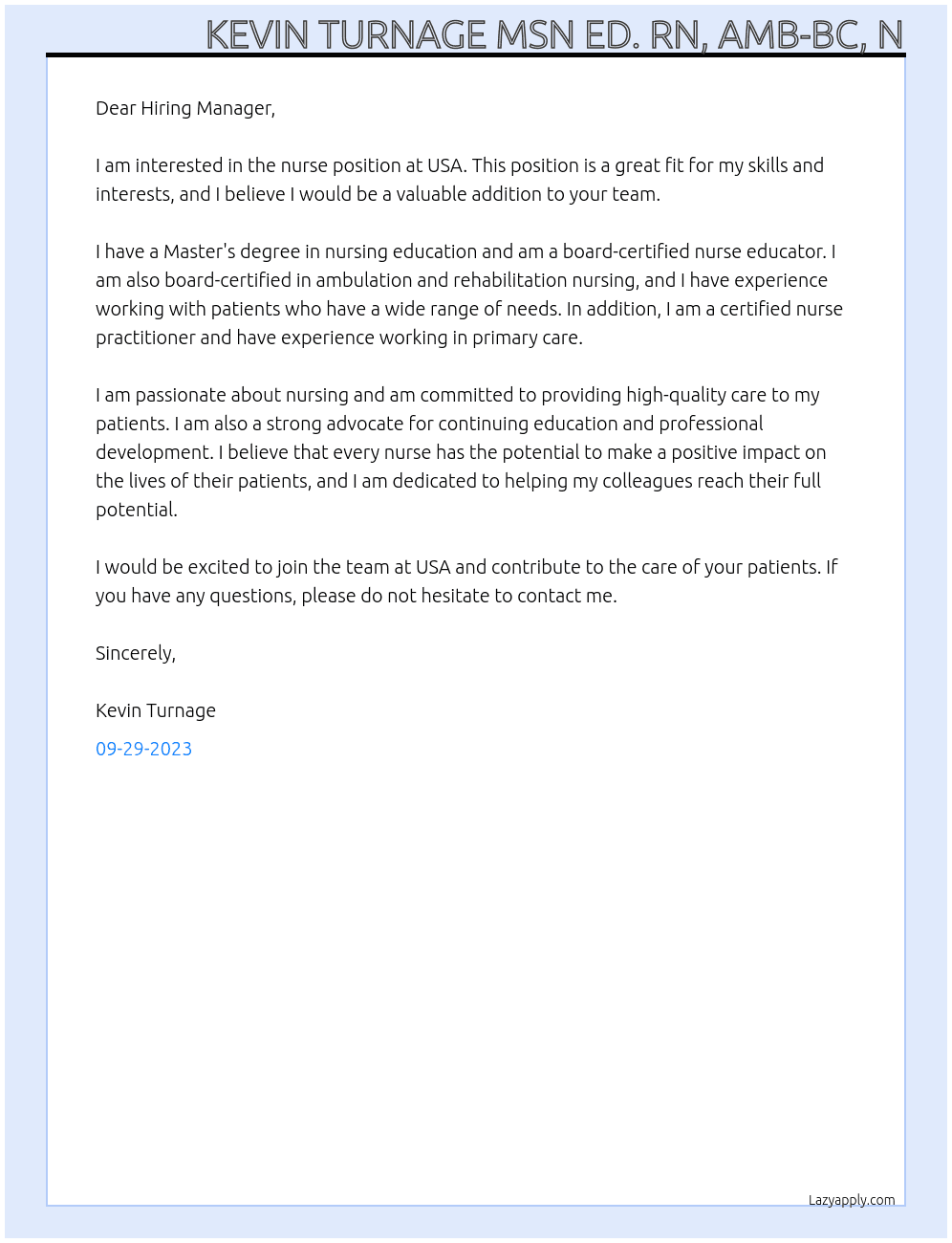 Nurse At USA Cover Letter