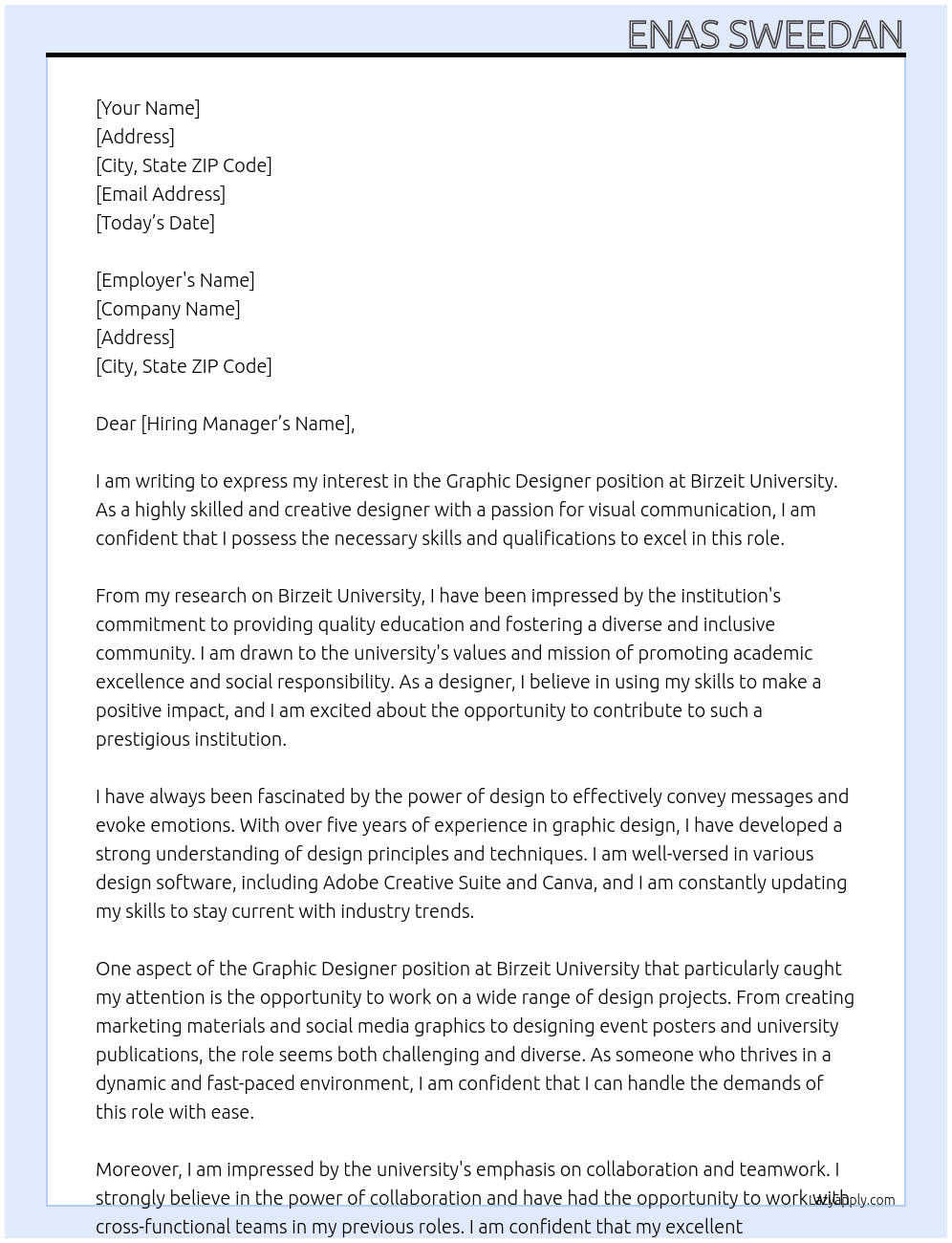 Graphic designer  At birzeit university Cover Letter