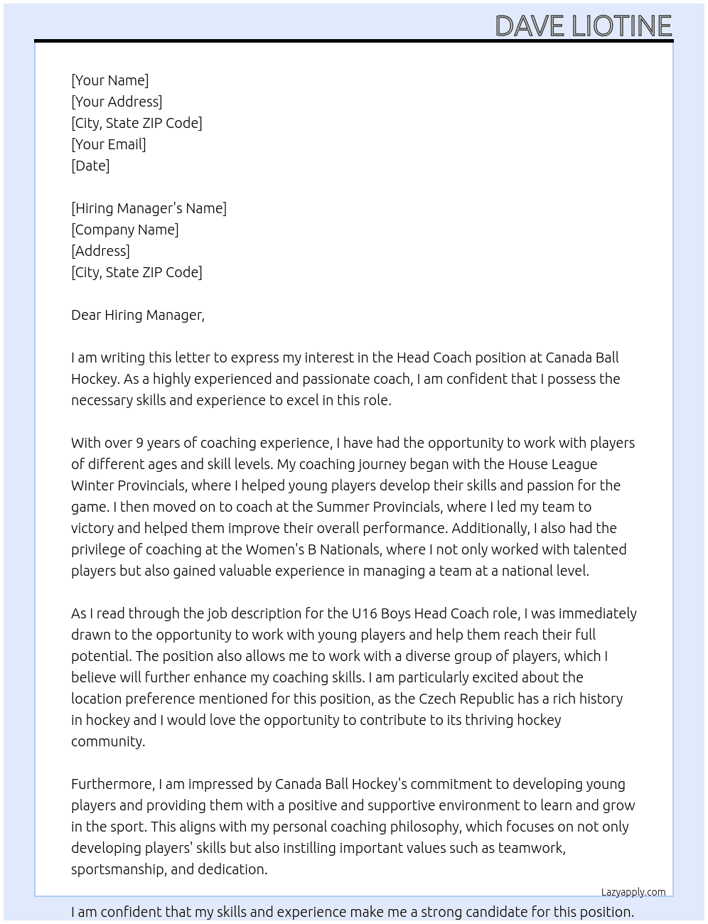Head coach At Canada Ball Hockey Cover Letter