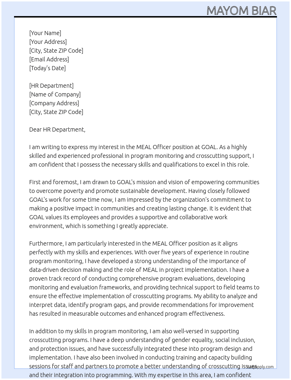 MEAL Officer At GOAL Cover Letter