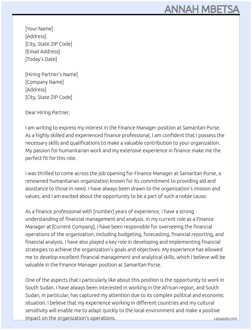 Finance Manager At Samaritan Purse Cover Letter