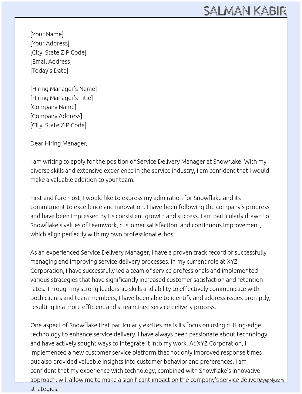 Service Delivery Manager At Snowflake Cover Letter