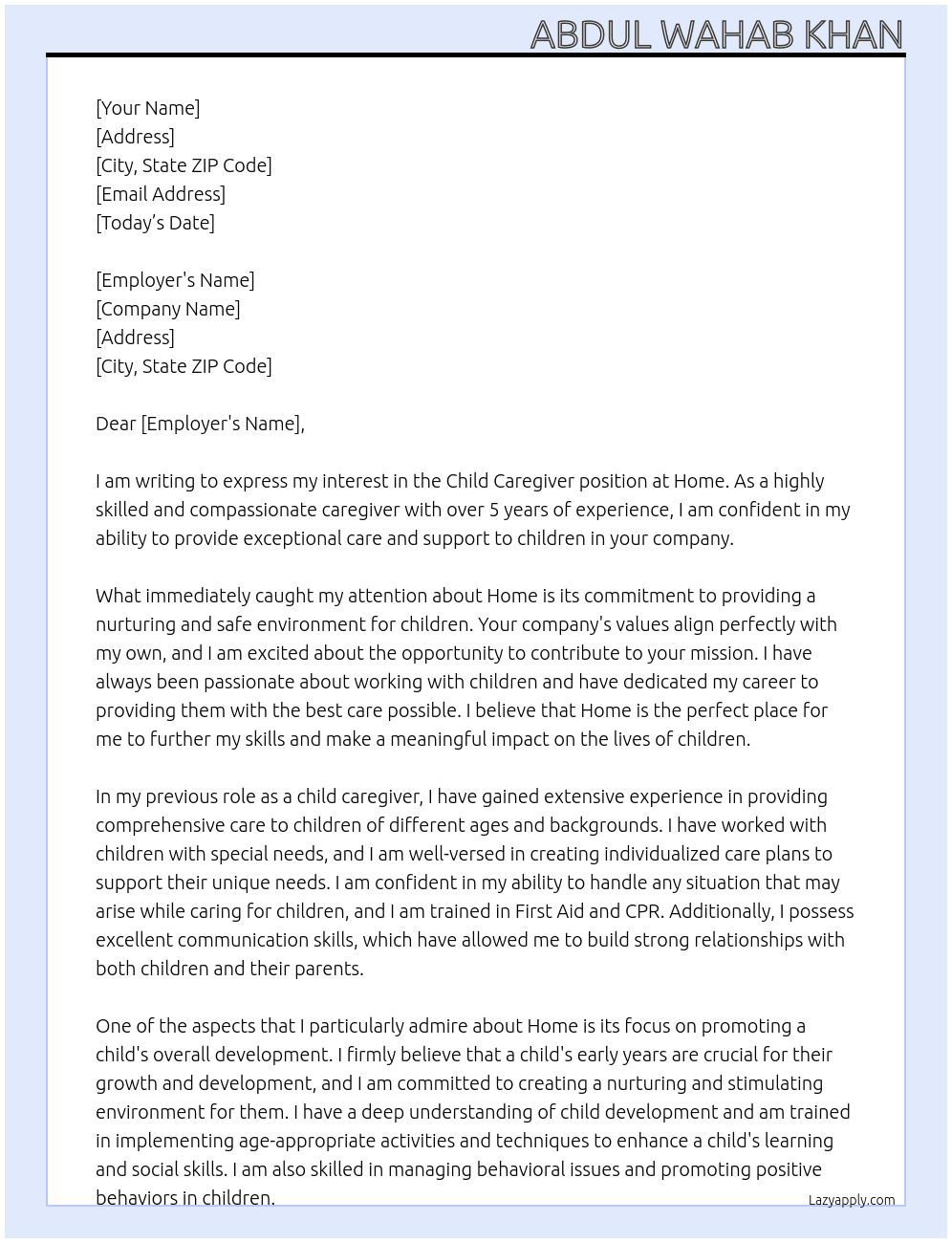 Child caregiver At Home Cover Letter
