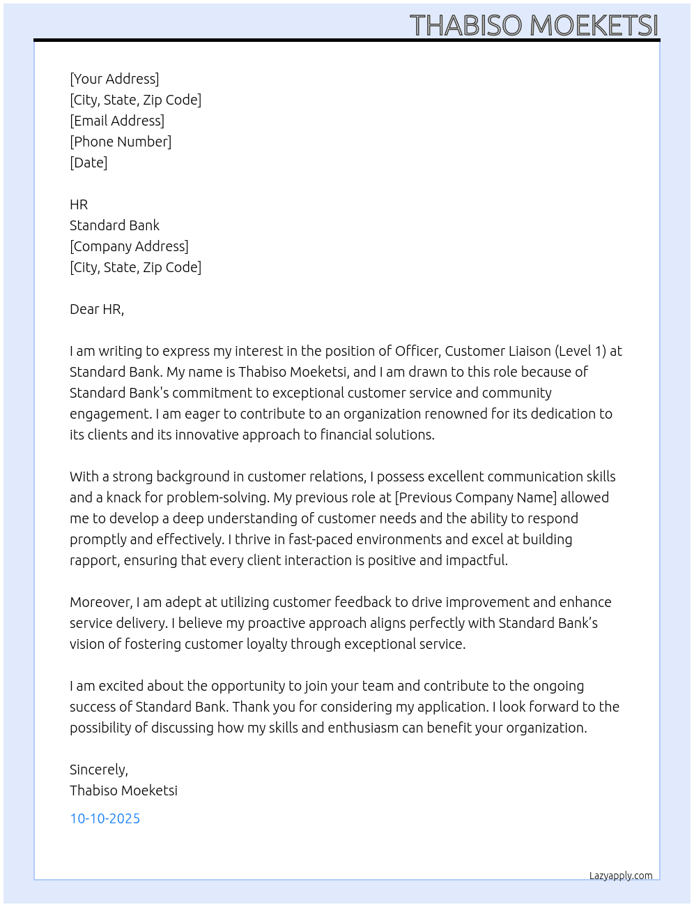 Officer, Customer Liaison (Level 1) At Standard Bank Cover Letter
