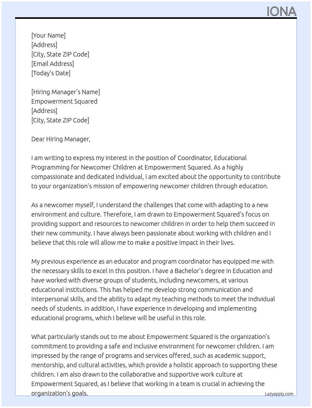 Coordinator, Educational Programming for Newcomer Children and At Empowerment Squared Cover Letter