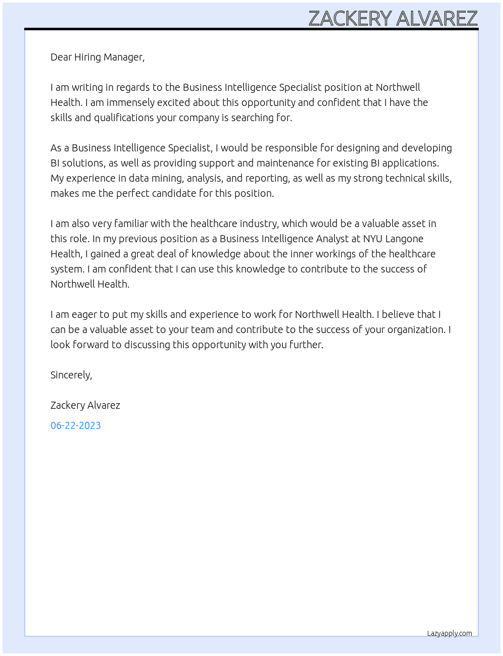 Business Intelligence Specialist At Northwell Health Cover Letter