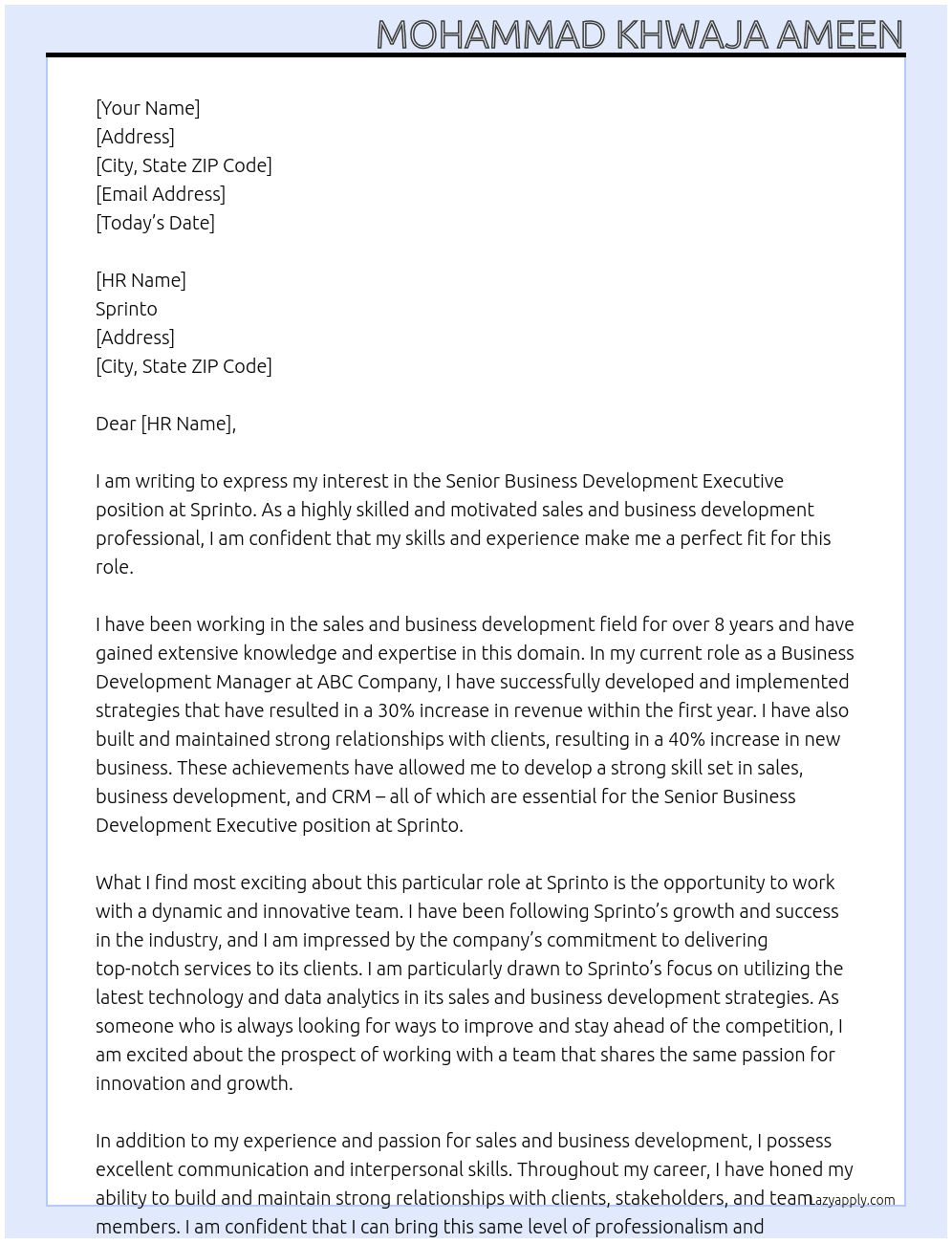 Senior business development executive At Sprinto Cover Letter