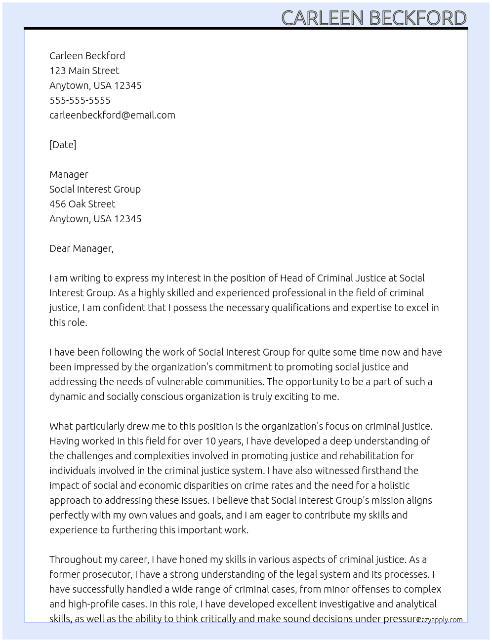 Head of Criminal Justice  At Social Interest Group Cover Letter
