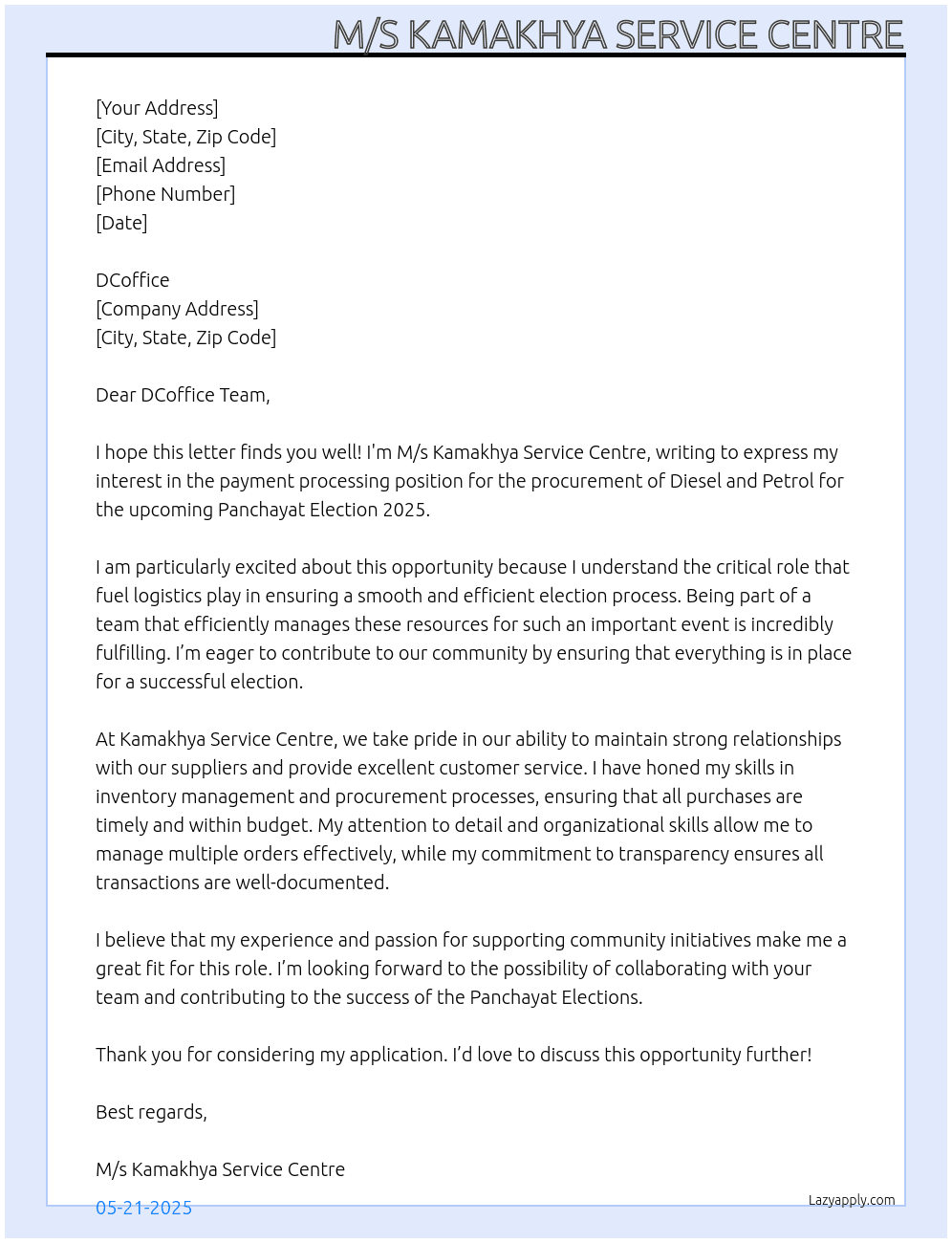 Cover letter for letter for payment against purchasing diesel and petrol for panchayat election 2025 - LazyApply