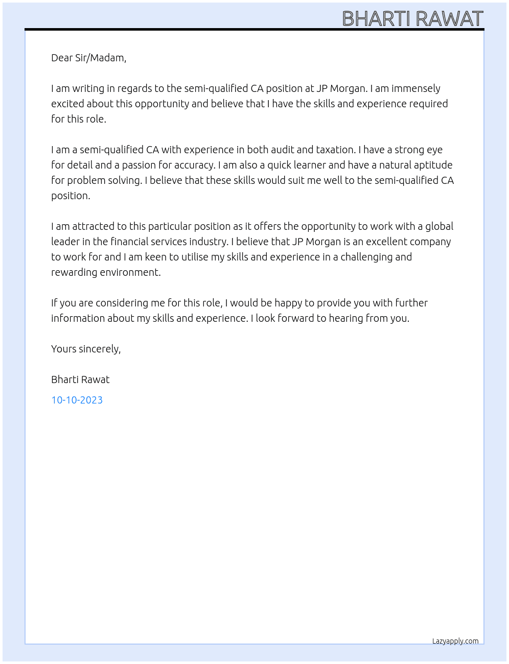 Semi Qualified CA At  JP Morgan Cover Letter