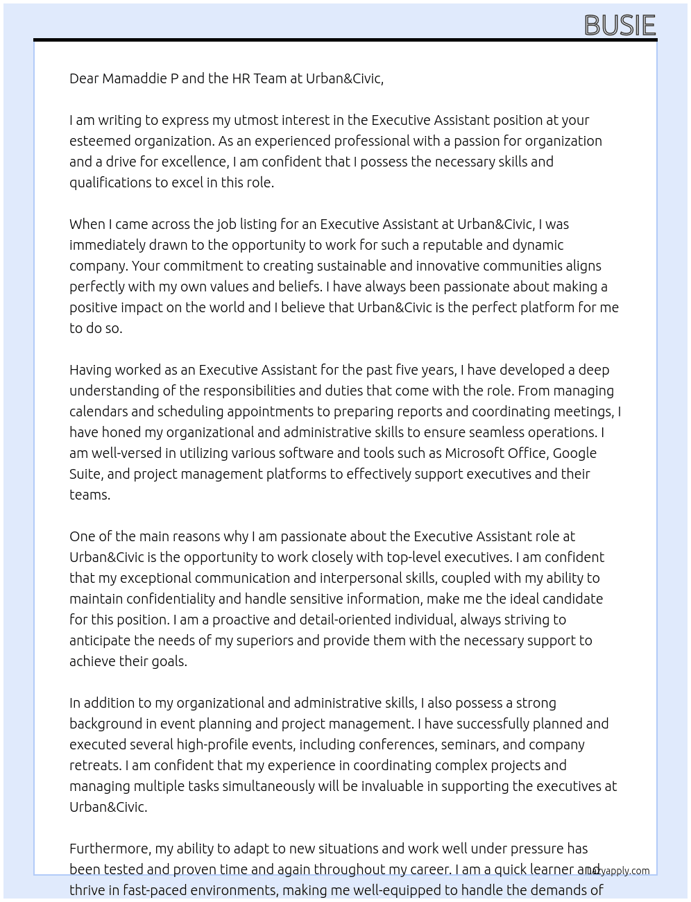 Executive Assistant At Urban&Civic Cover Letter