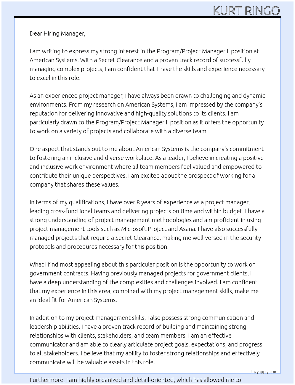 Program/Project Manager II - Secret Clearance At American Systems Cover Letter