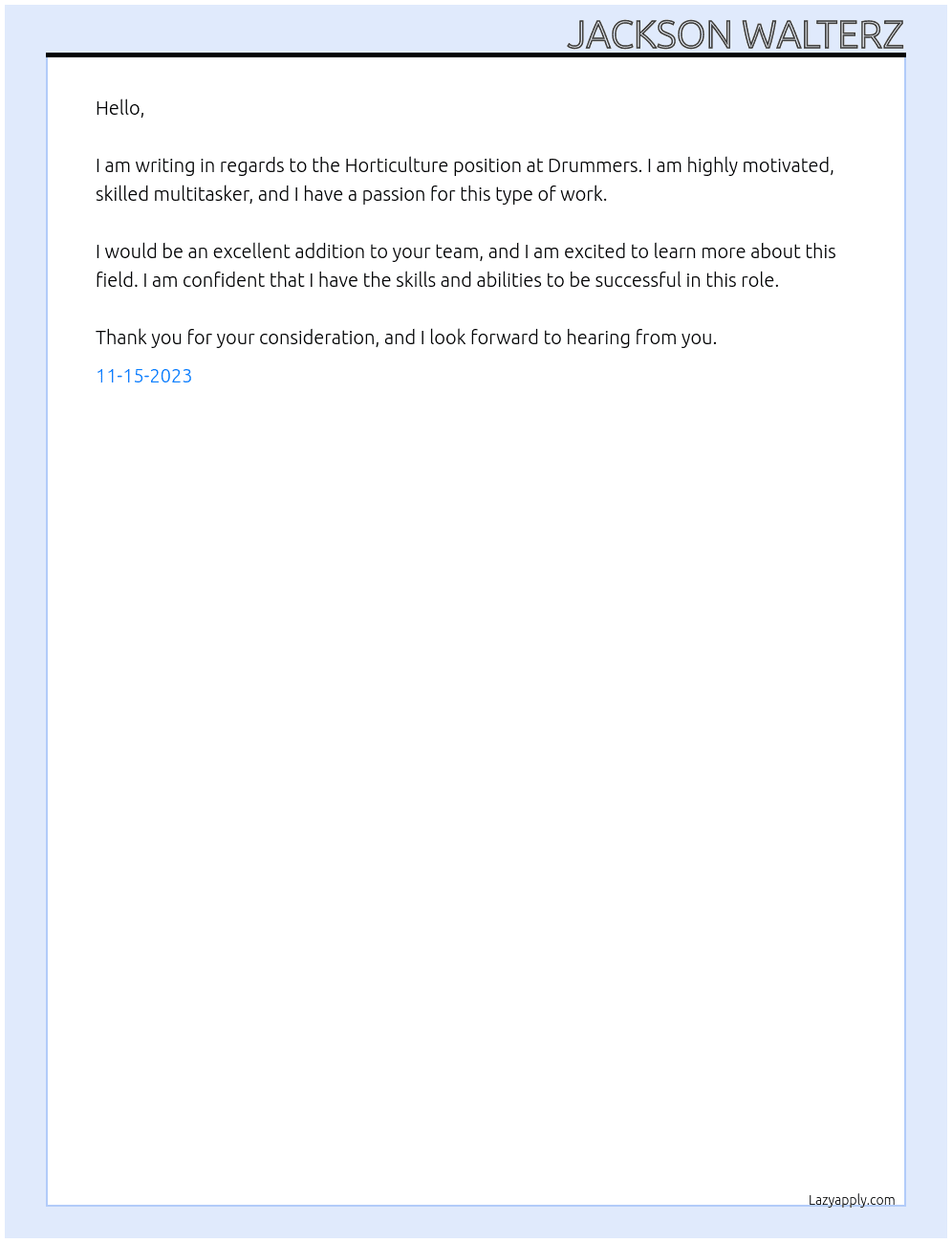Horticulture  At Drummers Cover Letter