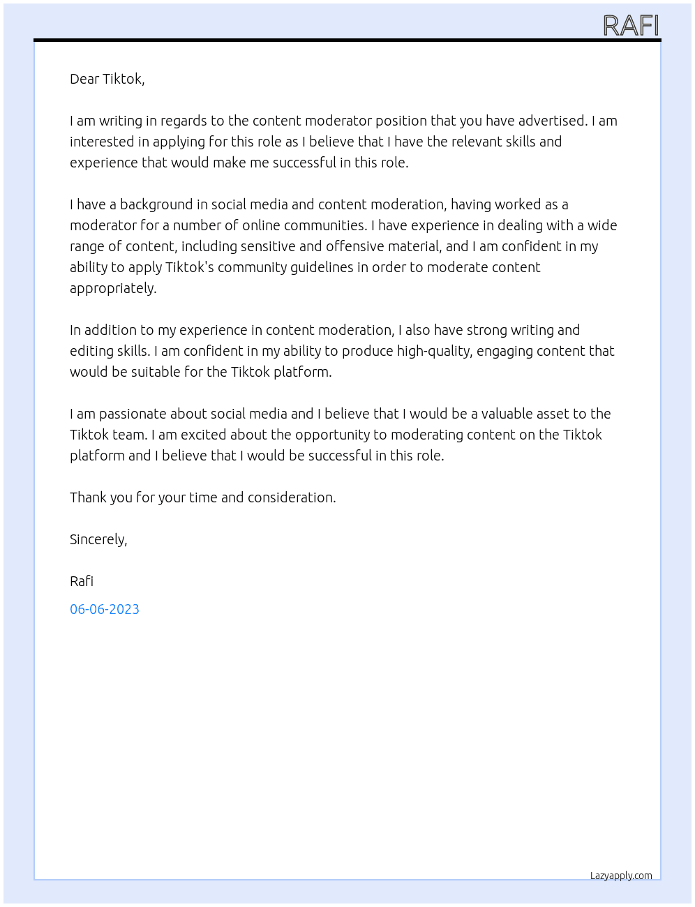 Content Moderator At Tiktok Cover Letter