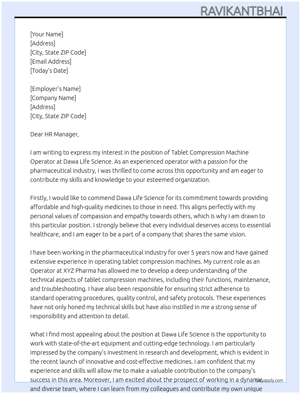 Cover letter for tablet compression machine operator - LazyApply