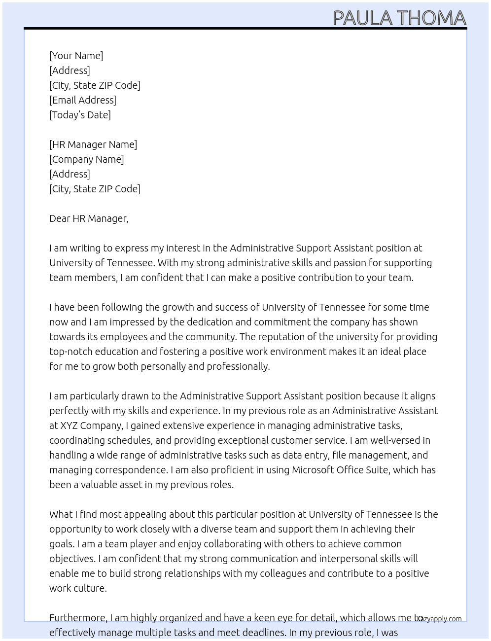 Adminstrative Support Assistant At Univeristyof Tennessee Cover Letter