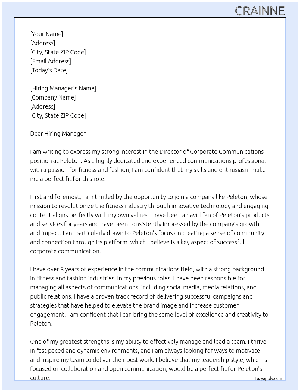 DIRECTOR, CORPORATE COMMUNICATIONS At Peleton Cover Letter