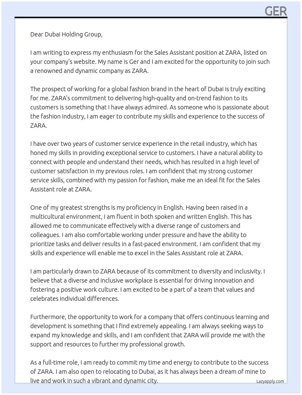 SALES ASSISTANT FOR ZARA  At ZARA Cover Letter