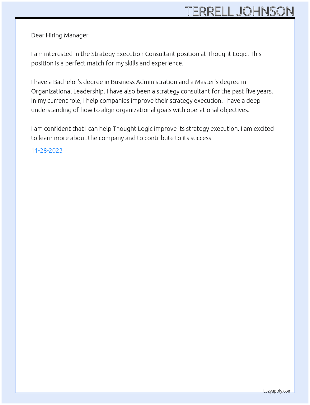 Strategy Execution Consultant At Thought Logic  Cover Letter