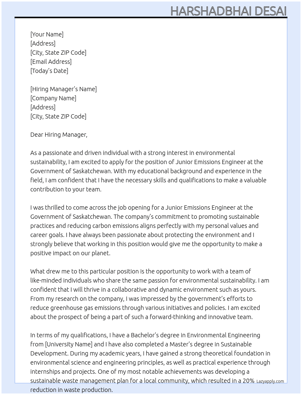 Junior emissions engineer At government of saskatwan Cover Letter