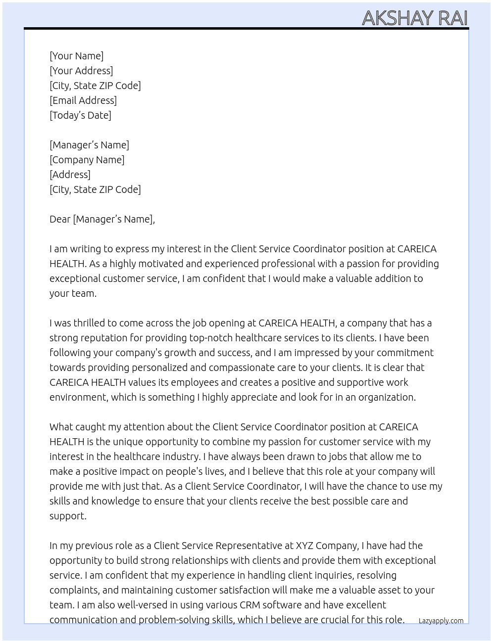 Client Service Coordinator At CAREICA HEALTH Cover Letter