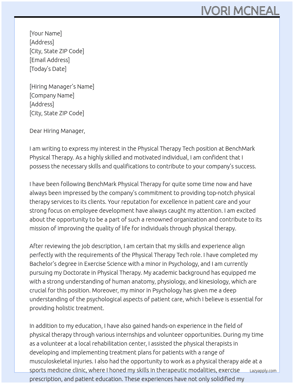 Physical Therapy Tech At BenchMark Physical Therapy Cover Letter