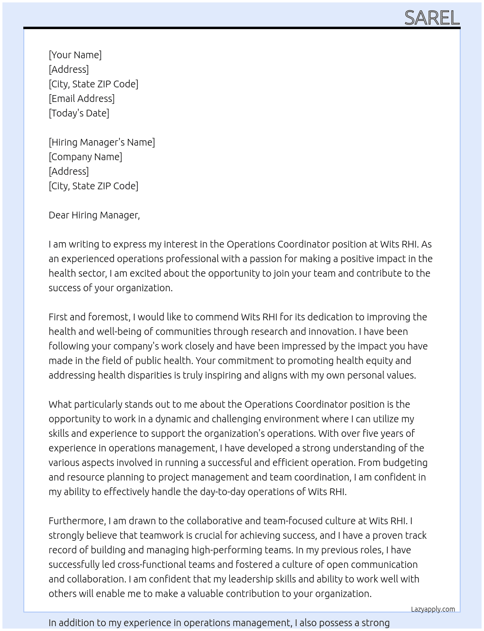Operations Coordinator At Wits RHI Cover Letter