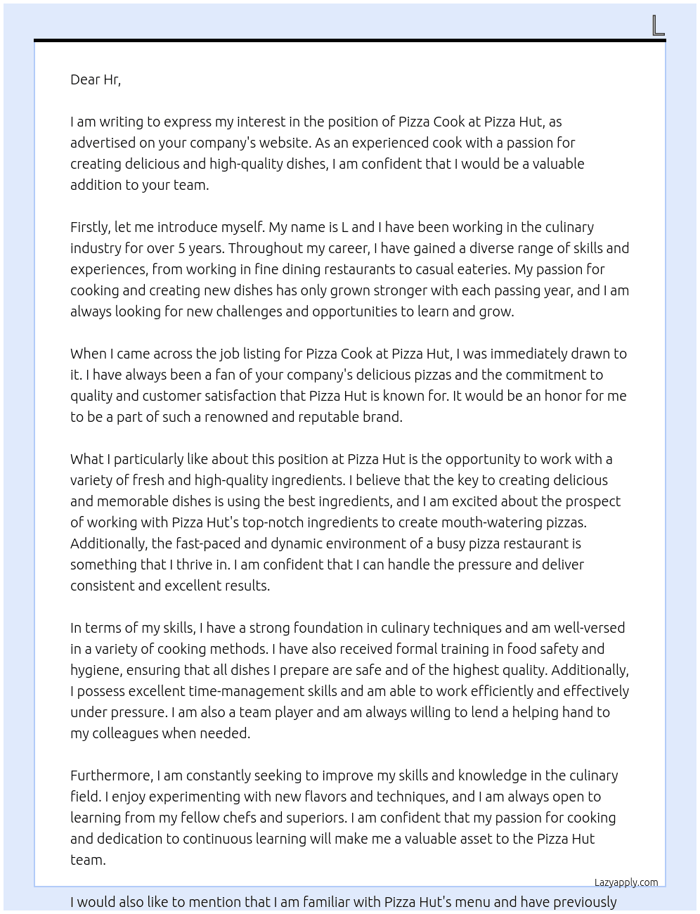 Pizza cook At Pizza hut Cover Letter