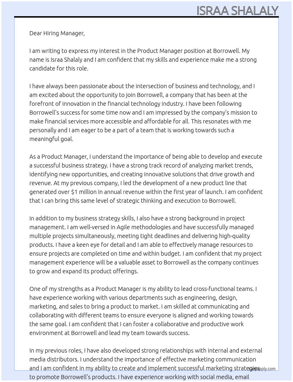 Product Manager  At Borrowell Cover Letter