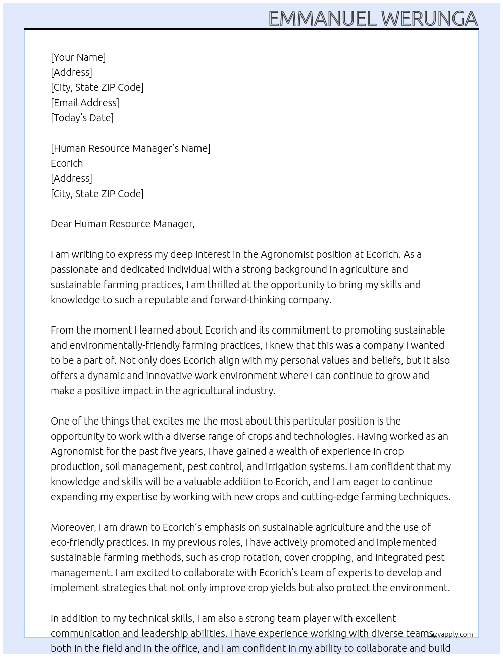 Agronomist  At Ecorich  Cover Letter