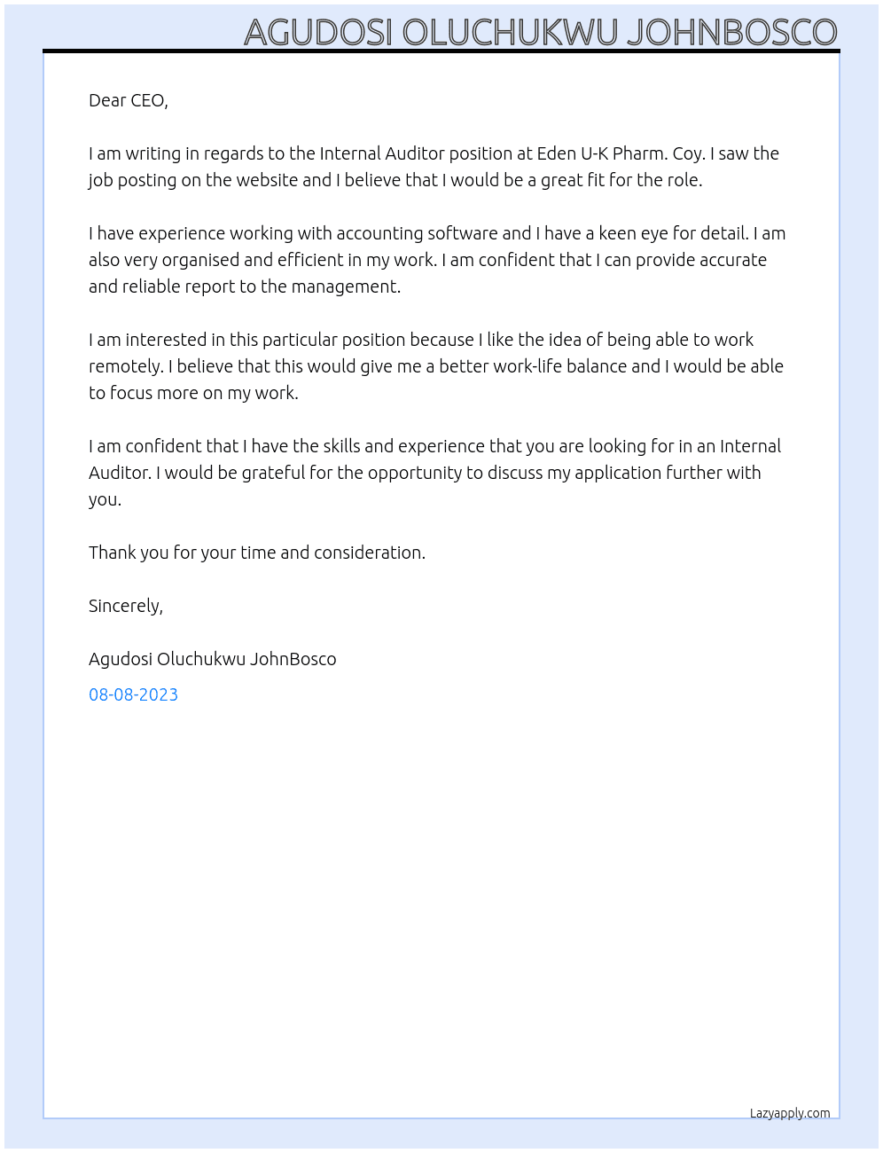 Internal Auditor  At Eden U-K Pharm. Coy Cover Letter