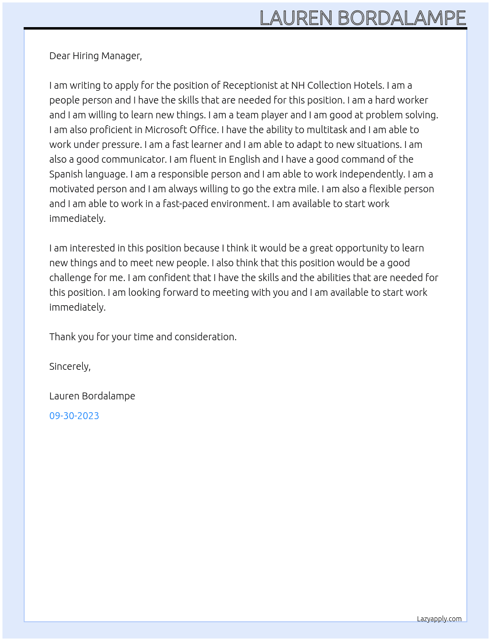 Receptionist  At NH Collection Hotels  Cover Letter