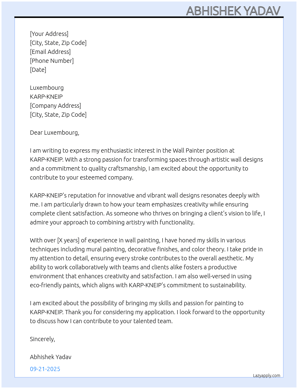 Wall painter At KARP-KNEIP Cover Letter