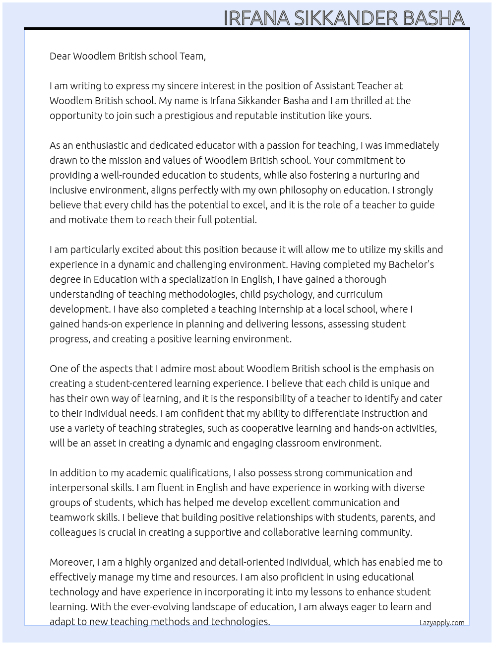 Assistant teacher  At Woodlem British school  Cover Letter