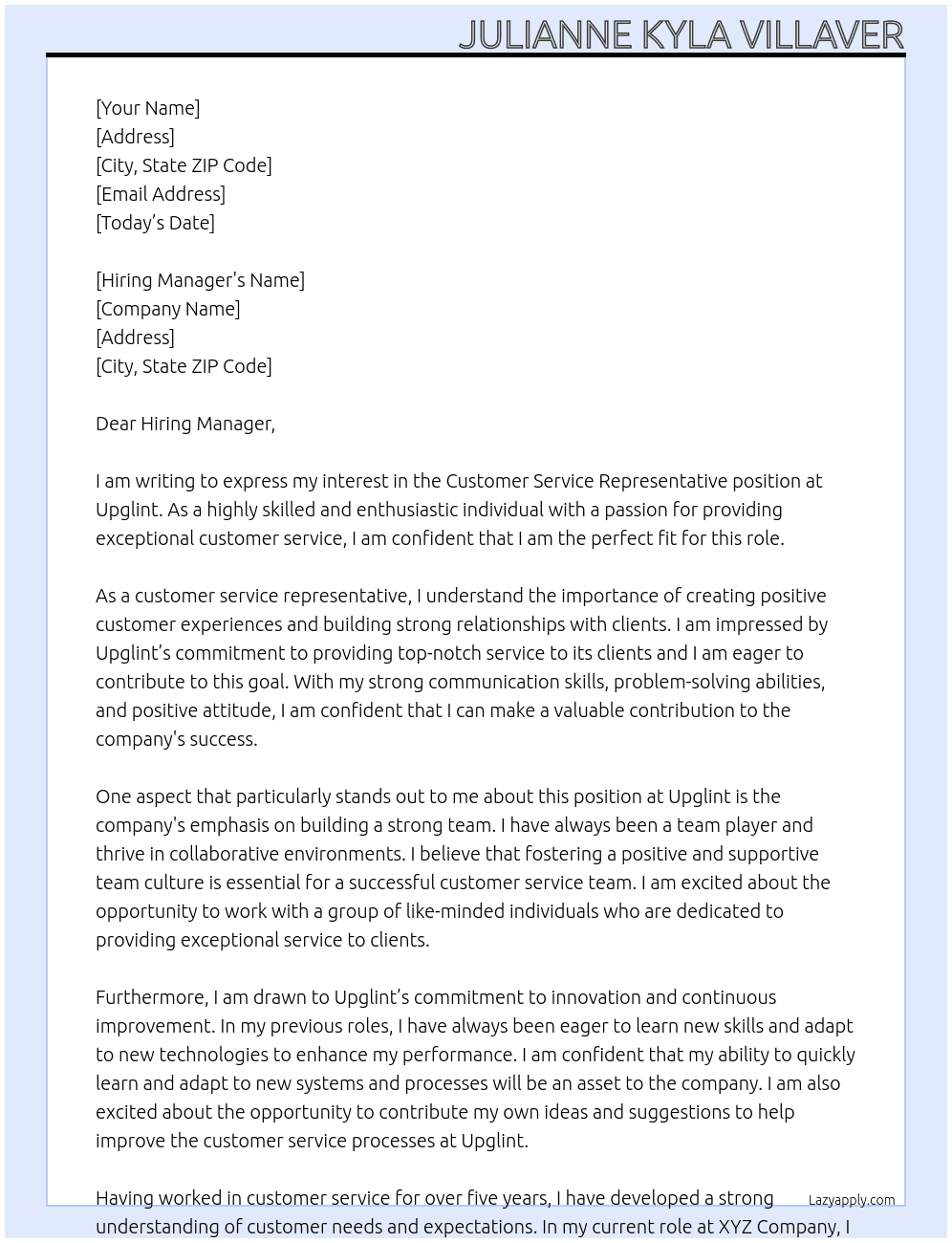 Customer Service Representative At Upglint Cover Letter