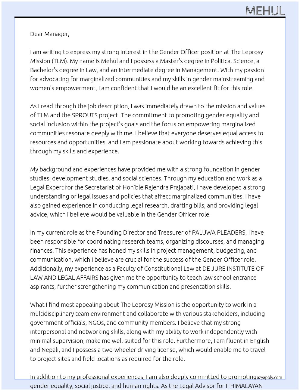 Gender Officer At The Leprosy Mission (TLM) Cover Letter