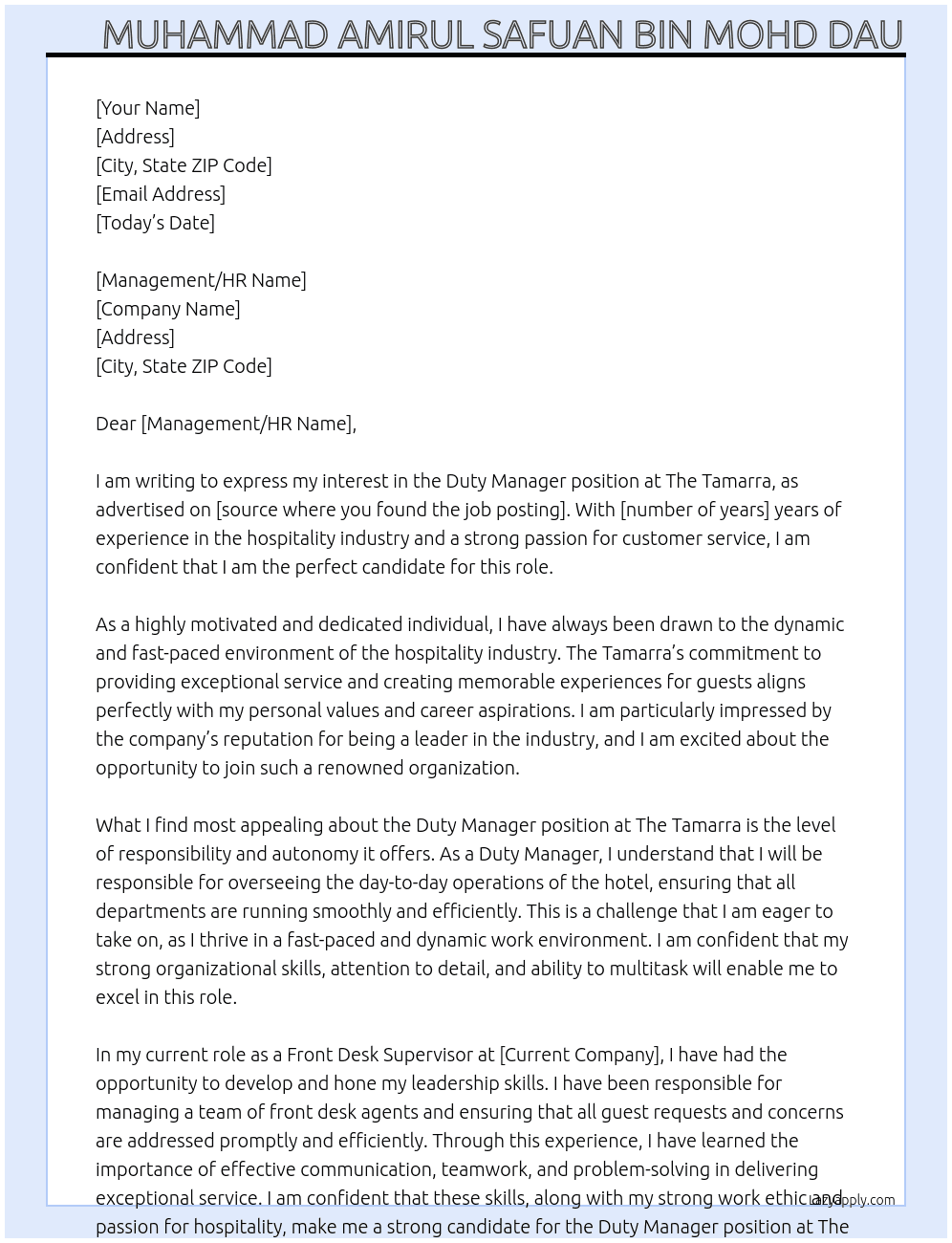 Duty Manager At The Tamarra Cover Letter