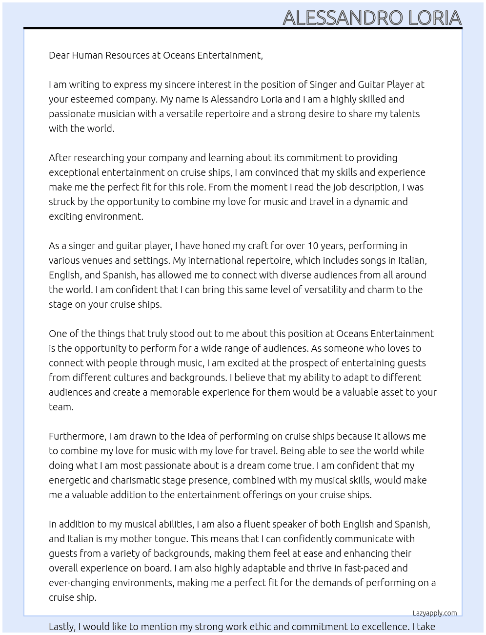 Singer and Guitar Player At Oceans Entertainment Cover Letter