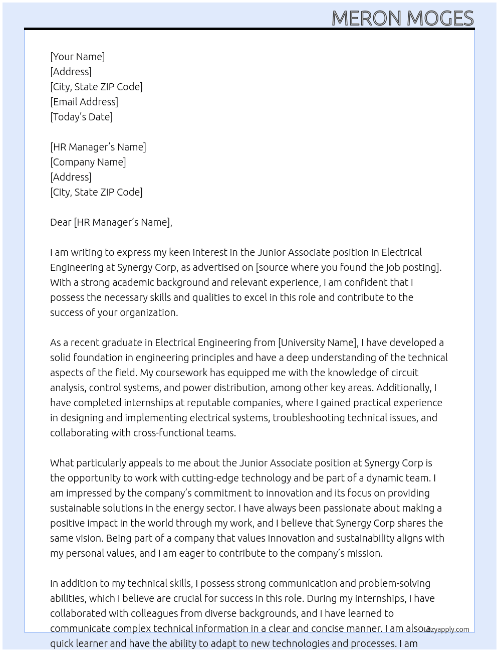 Junior Associate (in Electrical Engineering) At Synergy Corp Cover Letter