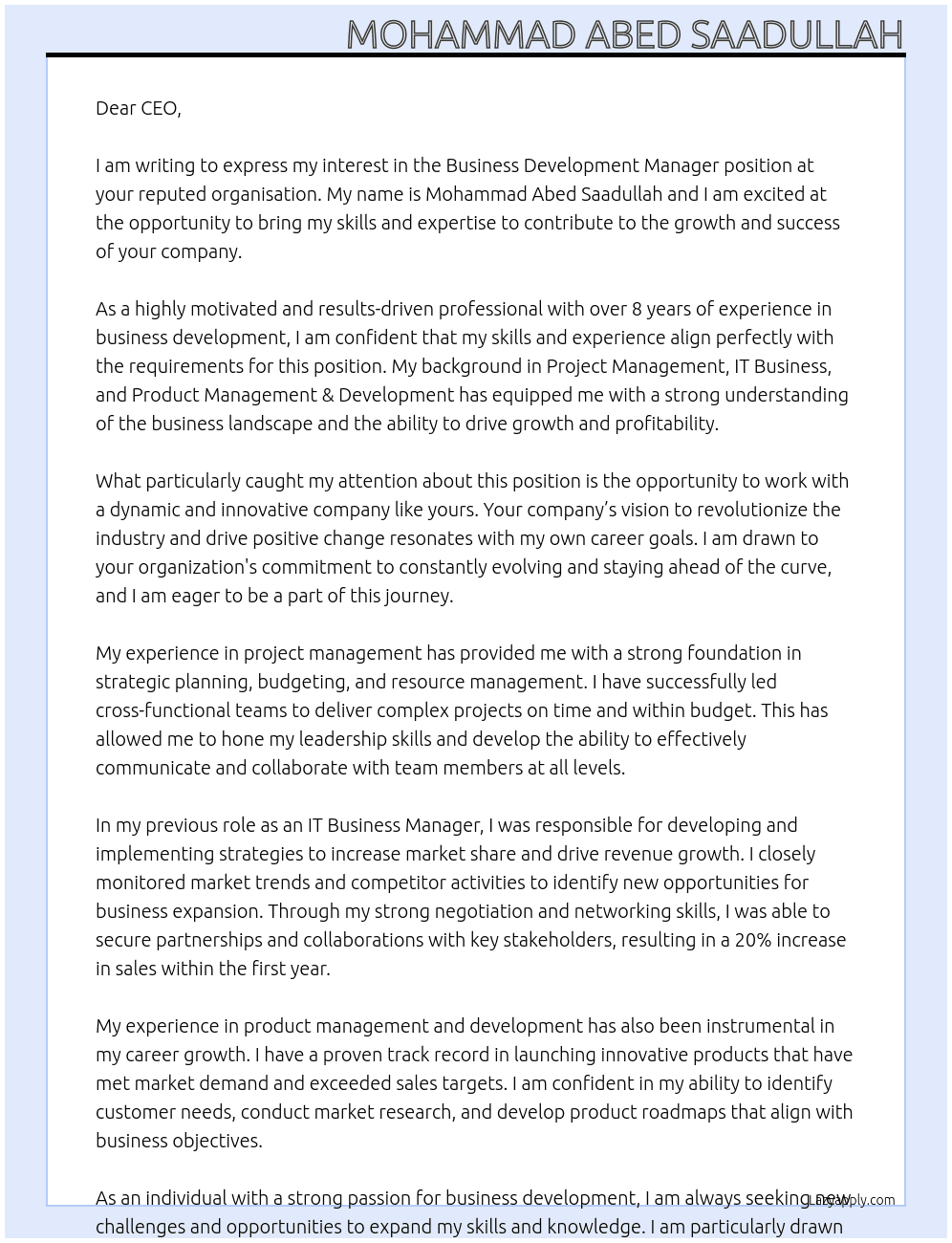 Business Development Manager At Your reputed organisation  Cover Letter