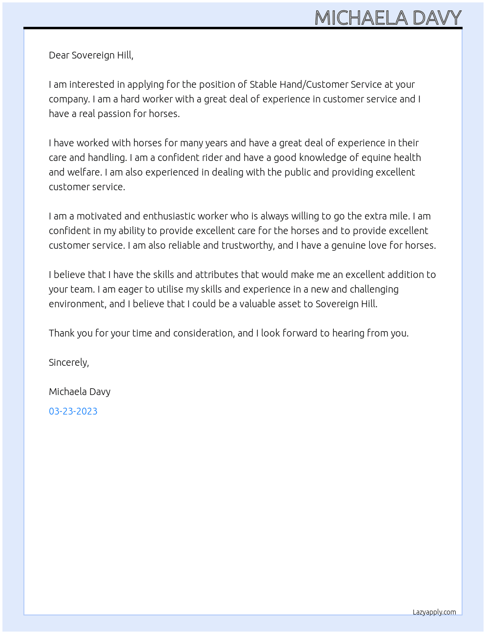 Stable Hand, Customer Service At  Sovereign Hill Cover Letter