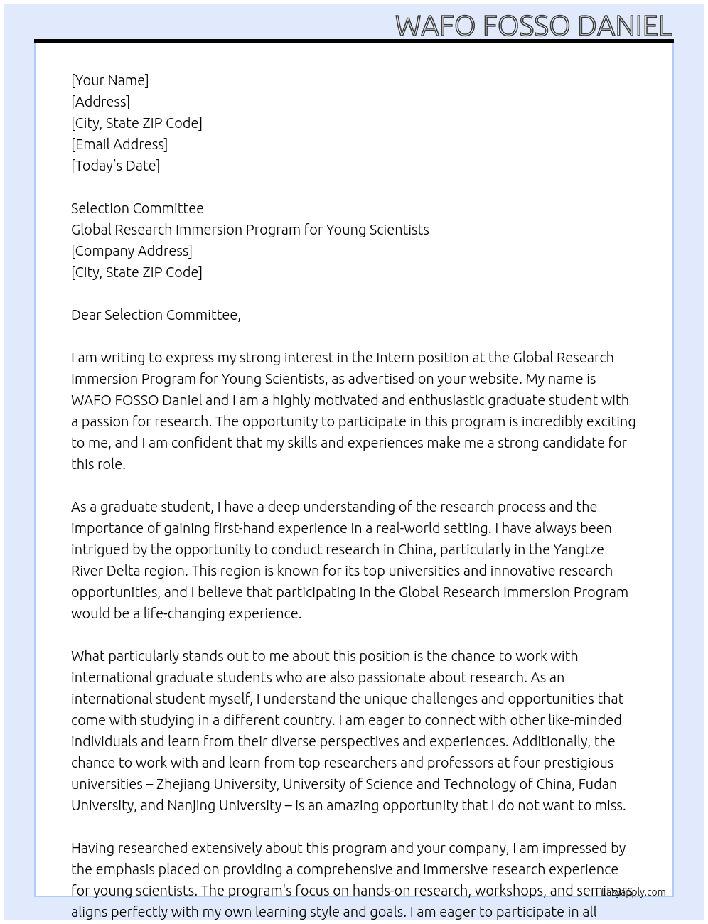 Intern at the Global Research Immersion Program for Young Scientists At Global Research Immersion Program for Young Scientists Cover Letter