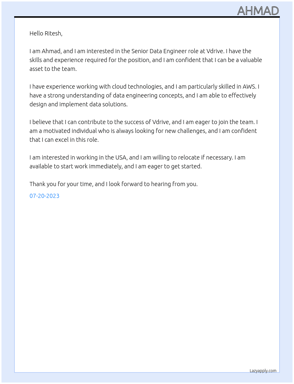 Data Engineer At Vdrive Cover Letter