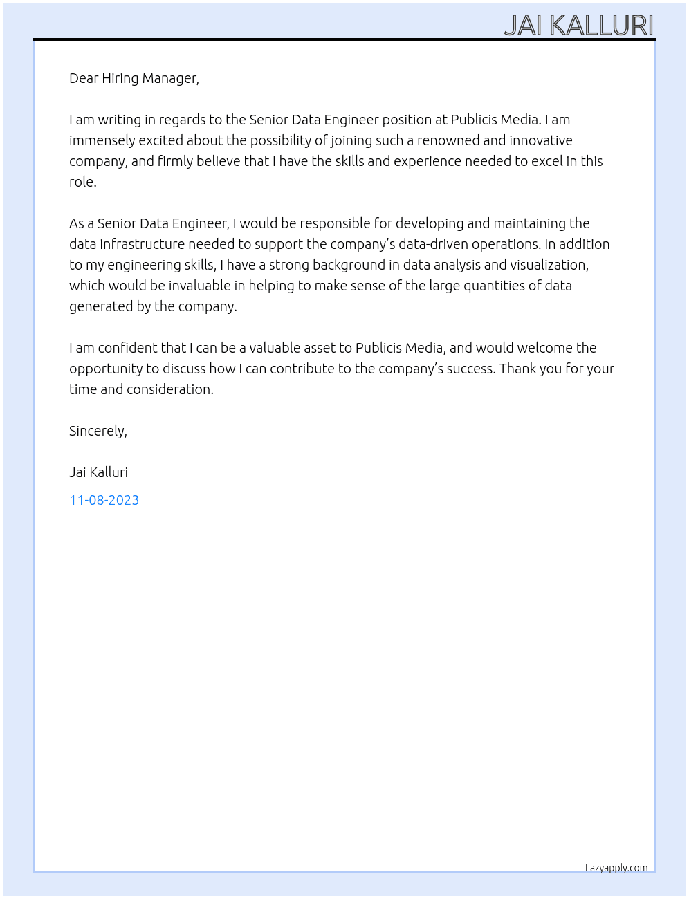 Senior Data Engineer At Publicis Media Cover Letter