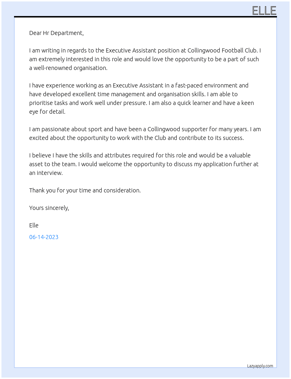 Executive Assistant  At Collingwood Football Club  Cover Letter