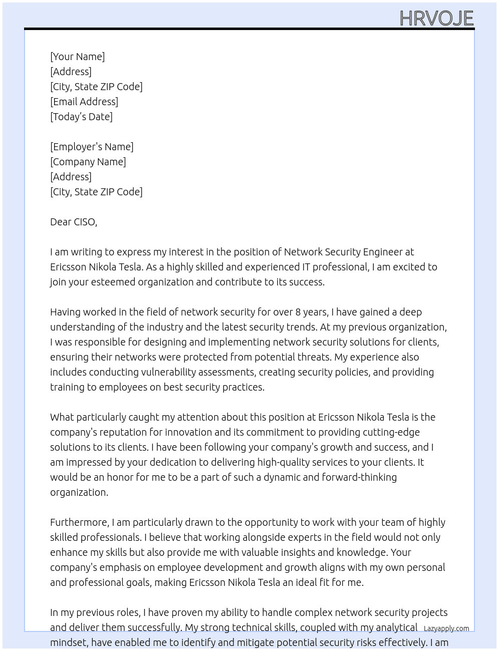 Network Security Engineer At Ericsson Nikola Tesla Cover Letter
