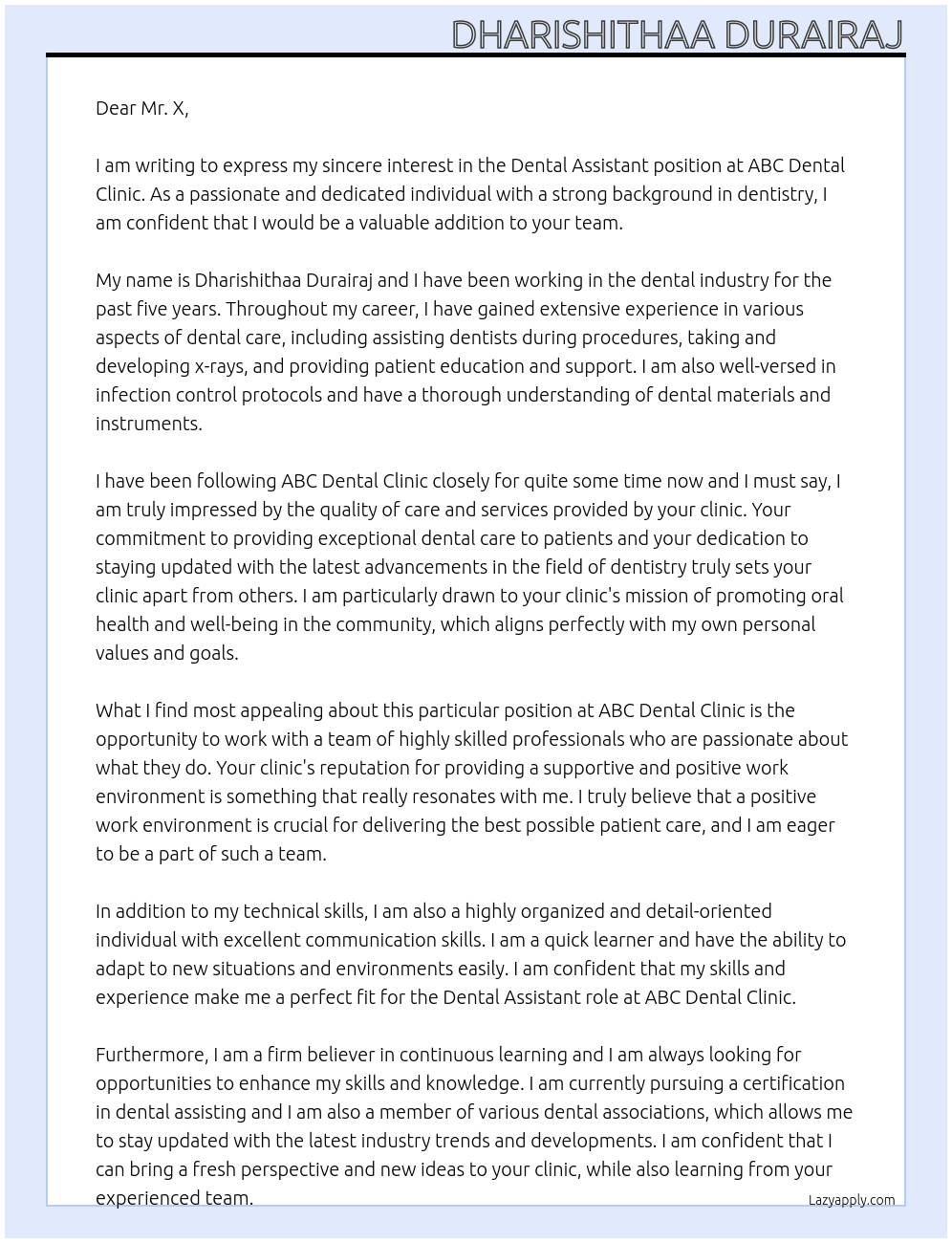 Dental assistant  At ABC DENTAL CLINIC Cover Letter