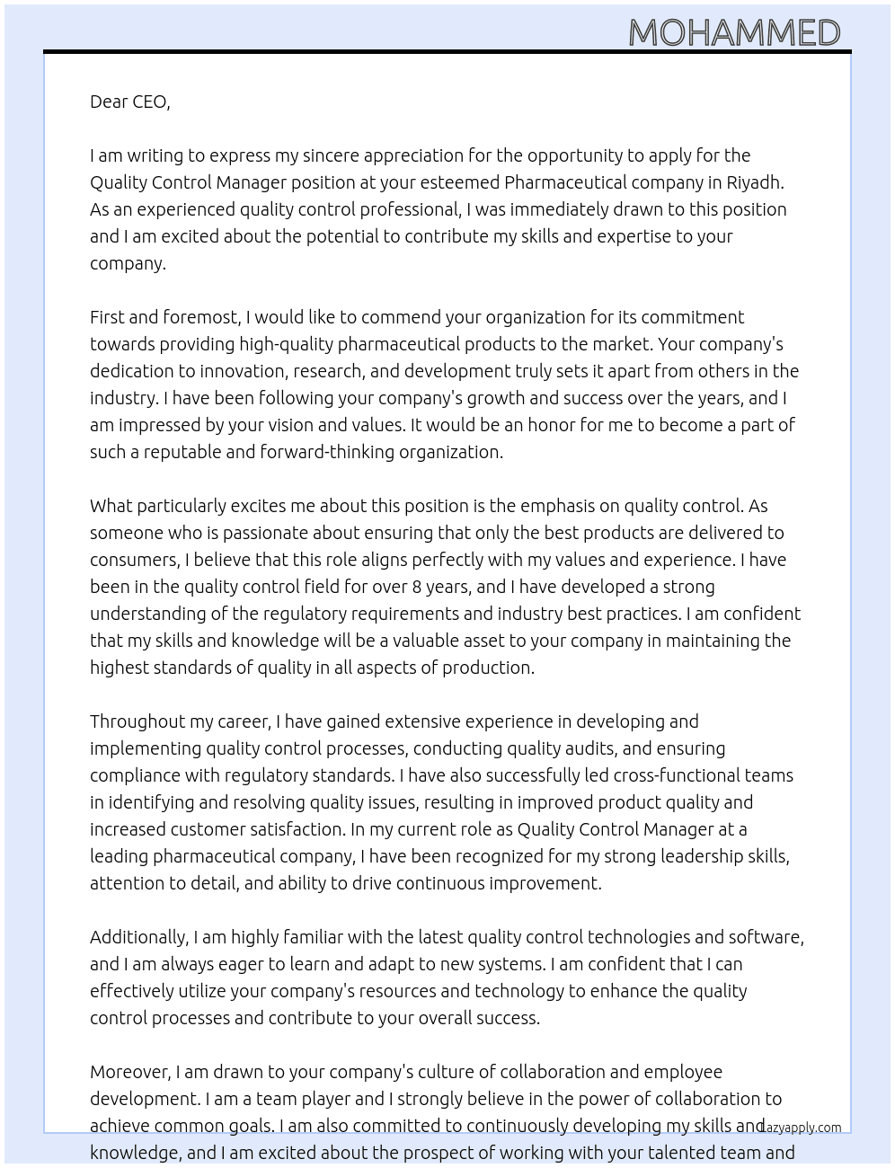 Quality control manager  At Pharmaceutical company in Riyadh  Cover Letter