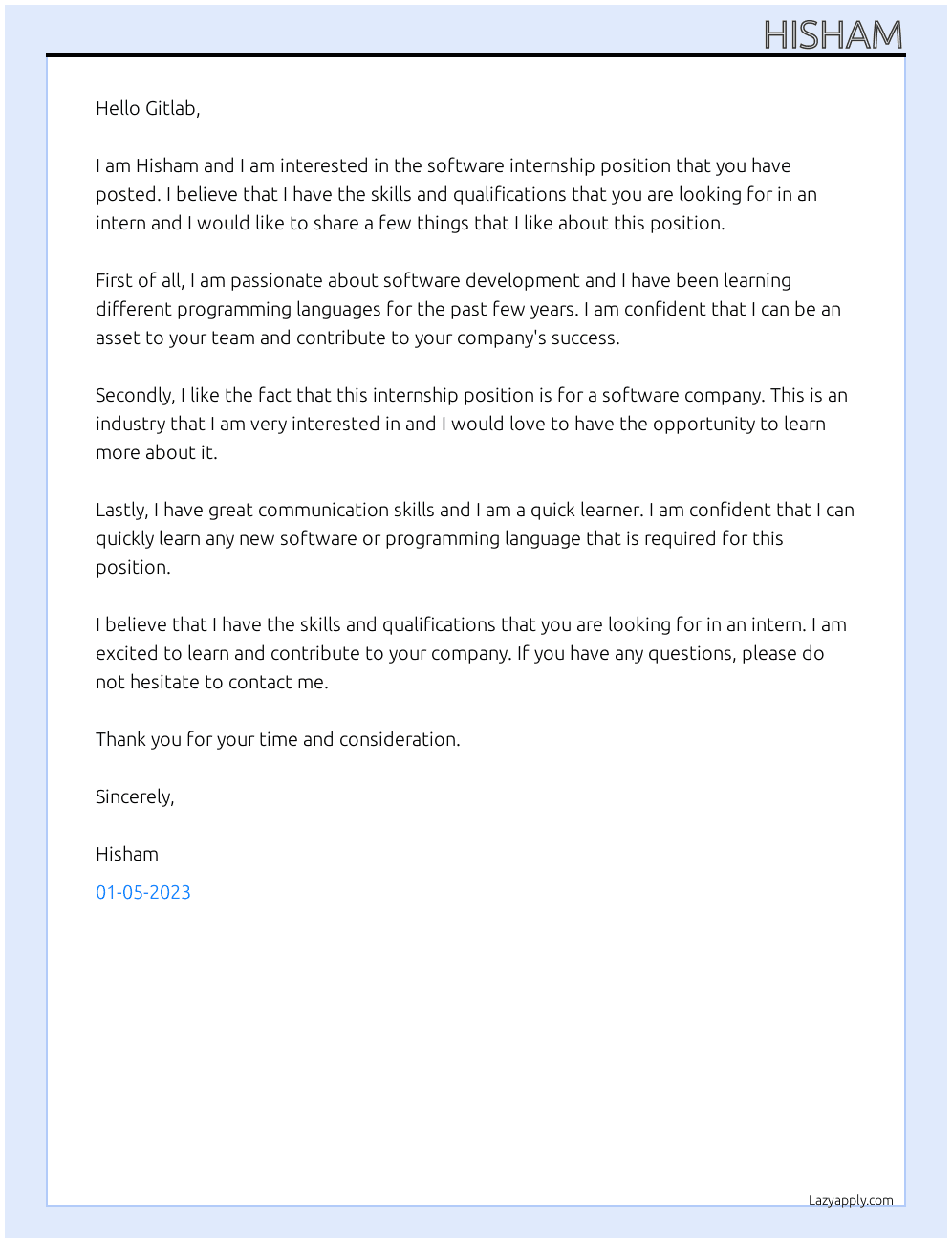 software internship At Gitlab Cover Letter